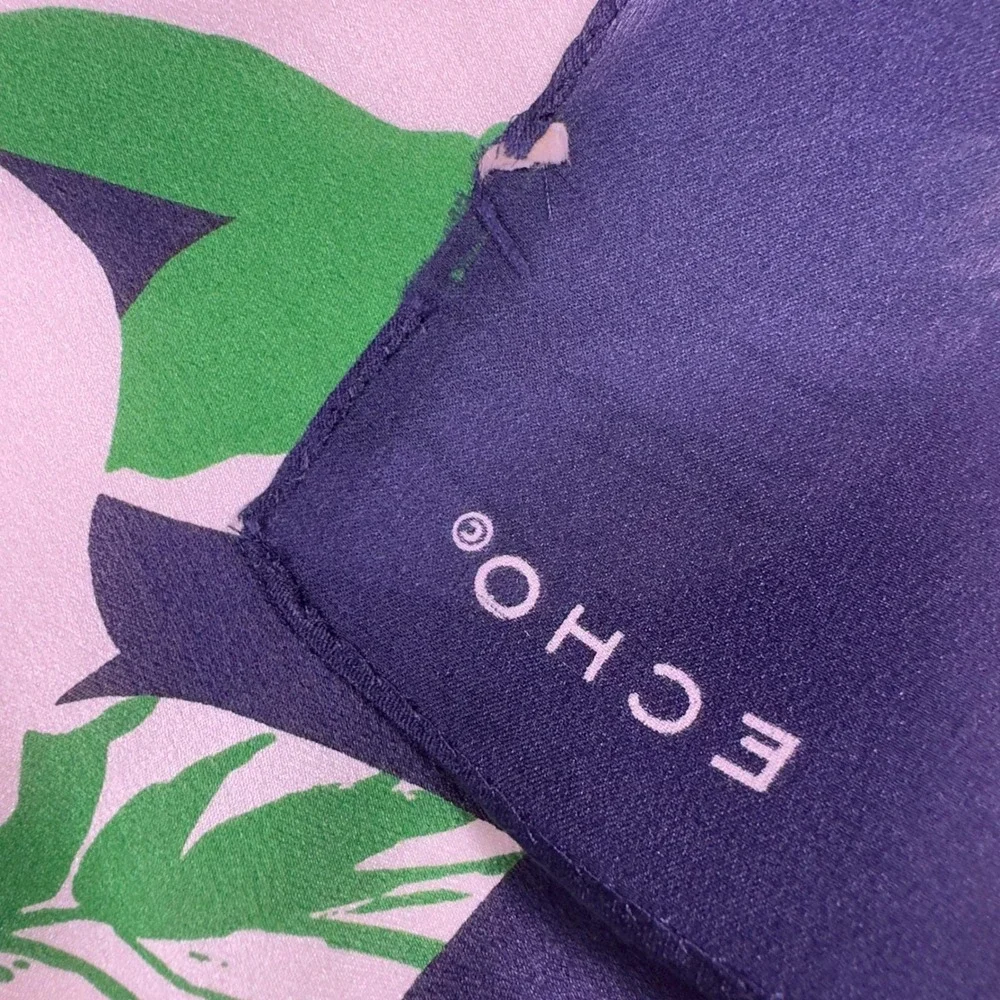 Vtg Echo Silk Scarf Women 11x51 Navy Green White Floral Oblong Scarflette Preppy